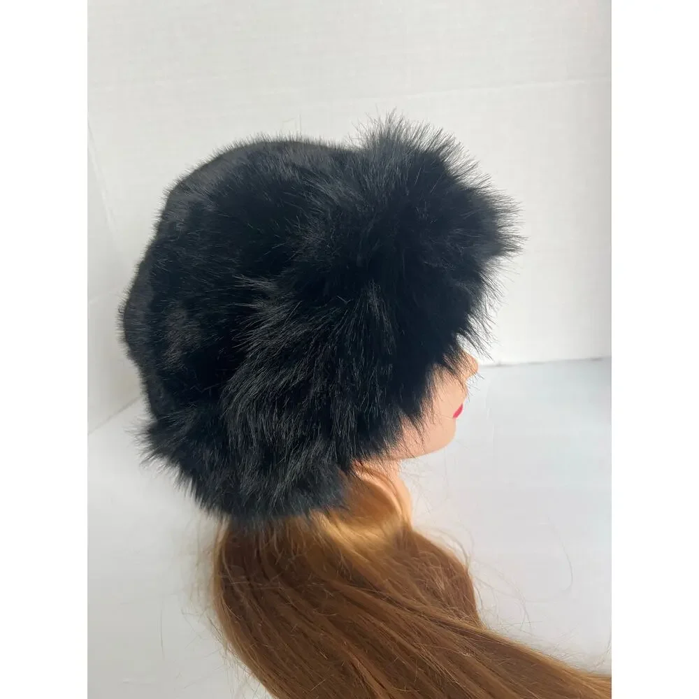 NEW Mongolian Fluffy Furry Black Faux Fur Luxury Ear‎ Coverage Bucket Beanie Hat